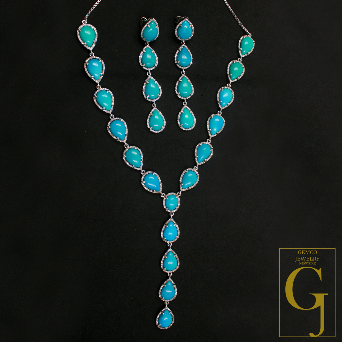 Natural Arizona Turquoise Necklace With Rosecut Diamonds 925 Sterling Silver Handmade Finish Arizona Turquoise Jewelry Wedding Gift For Her