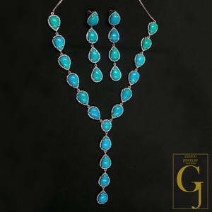 Natural Arizona Turquoise Necklace With Rosecut Diamonds 925 Sterling Silver Handmade Finish Arizona Turquoise Jewelry Wedding Gift For Her