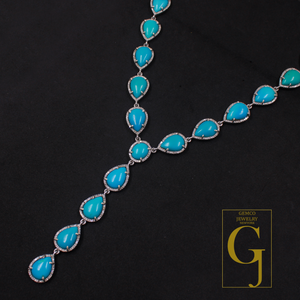 Natural Arizona Turquoise Necklace With Rosecut Diamonds 925 Sterling Silver Handmade Finish Arizona Turquoise Jewelry Wedding Gift For Her