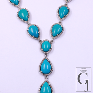 Natural Arizona Turquoise Necklace With Rosecut Diamonds 925 Sterling Silver Handmade Finish Arizona Turquoise Jewelry Wedding Gift For Her