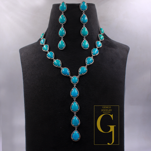 Natural Arizona Turquoise Necklace With Rosecut Diamonds 925 Sterling Silver Handmade Finish Arizona Turquoise Jewelry Wedding Gift For Her