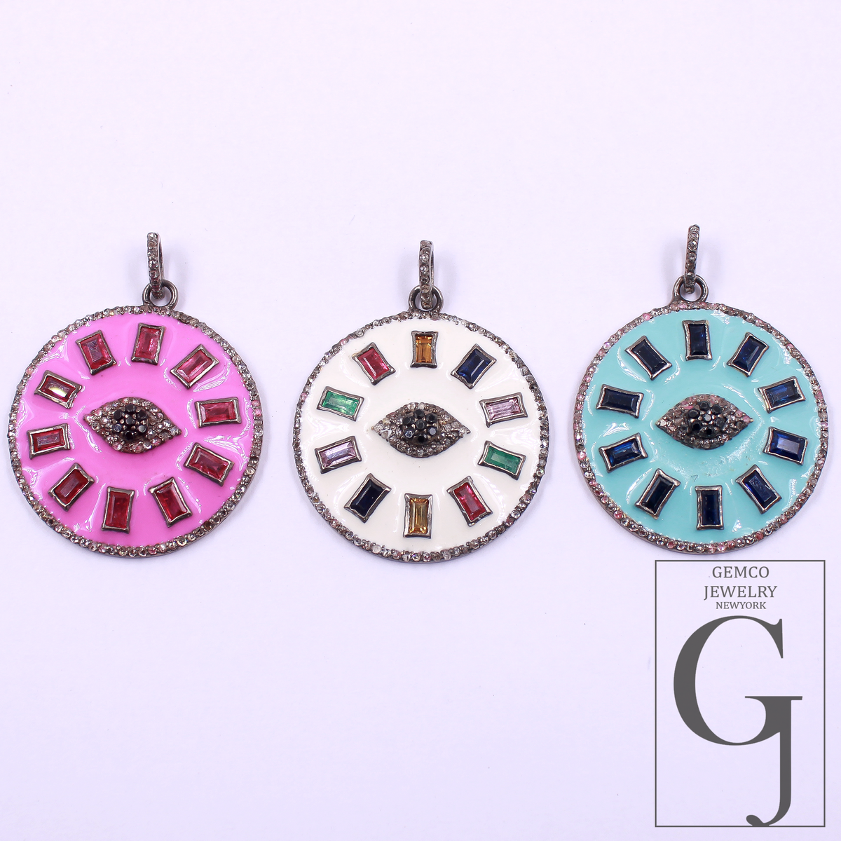 Beautiful Enamel Rosecut Pave Diamond Evil Eye Pendant With Multi Stone - 925 Sterling Silver Handmade Finish Enamel Diamond Jewelry For Her