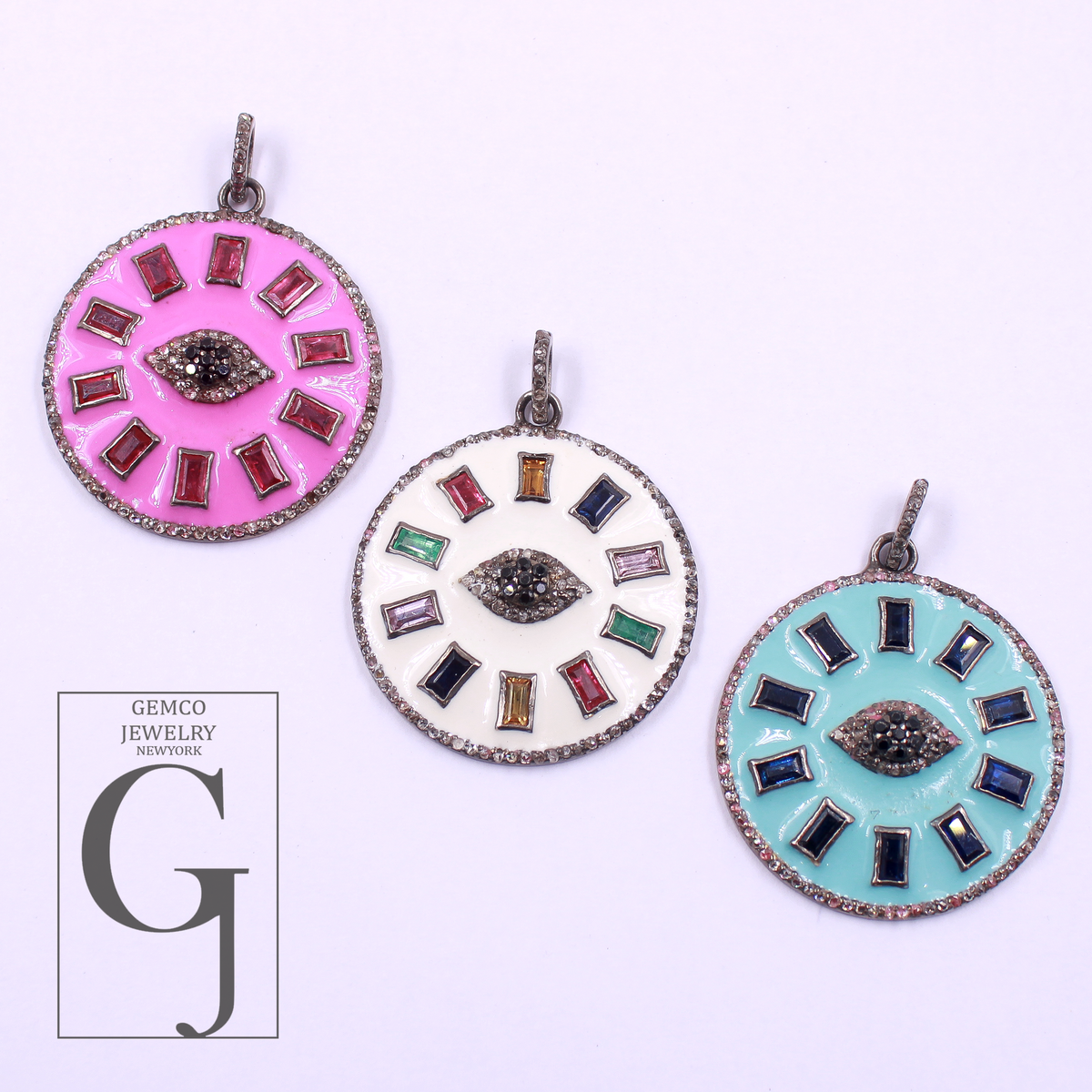 Beautiful Enamel Rosecut Pave Diamond Evil Eye Pendant With Multi Stone - 925 Sterling Silver Handmade Finish Enamel Diamond Jewelry For Her