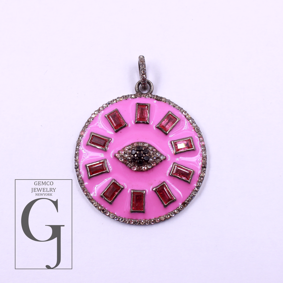 Beautiful Enamel Rosecut Pave Diamond Evil Eye Pendant With Multi Stone - 925 Sterling Silver Handmade Finish Enamel Diamond Jewelry For Her