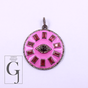 Beautiful Enamel Rosecut Pave Diamond Evil Eye Pendant With Multi Stone - 925 Sterling Silver Handmade Finish Enamel Diamond Jewelry For Her