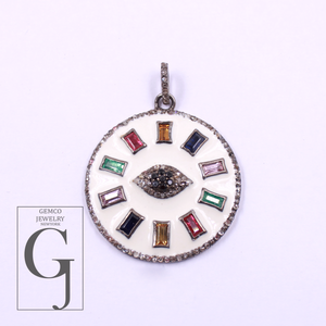Beautiful Enamel Rosecut Pave Diamond Evil Eye Pendant With Multi Stone - 925 Sterling Silver Handmade Finish Enamel Diamond Jewelry For Her