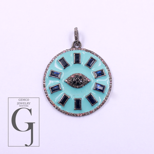 Beautiful Enamel Rosecut Pave Diamond Evil Eye Pendant With Multi Stone - 925 Sterling Silver Handmade Finish Enamel Diamond Jewelry For Her