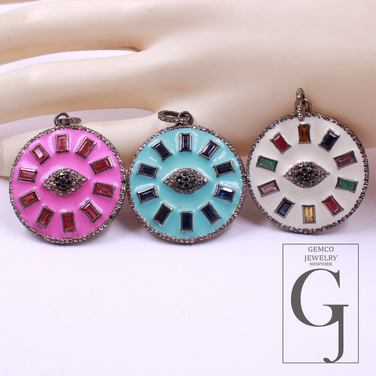 Beautiful Enamel Rosecut Pave Diamond Evil Eye Pendant With Multi Stone - 925 Sterling Silver Handmade Finish Enamel Diamond Jewelry For Her
