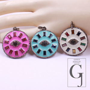 Beautiful Enamel Rosecut Pave Diamond Evil Eye Pendant With Multi Stone - 925 Sterling Silver Handmade Finish Enamel Diamond Jewelry For Her