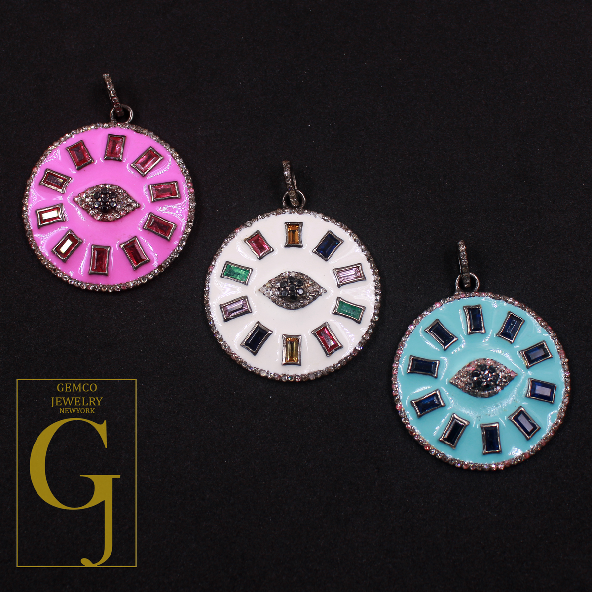 Beautiful Enamel Rosecut Pave Diamond Evil Eye Pendant With Multi Stone - 925 Sterling Silver Handmade Finish Enamel Diamond Jewelry For Her