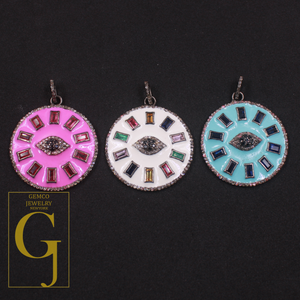 Beautiful Enamel Rosecut Pave Diamond Evil Eye Pendant With Multi Stone - 925 Sterling Silver Handmade Finish Enamel Diamond Jewelry For Her
