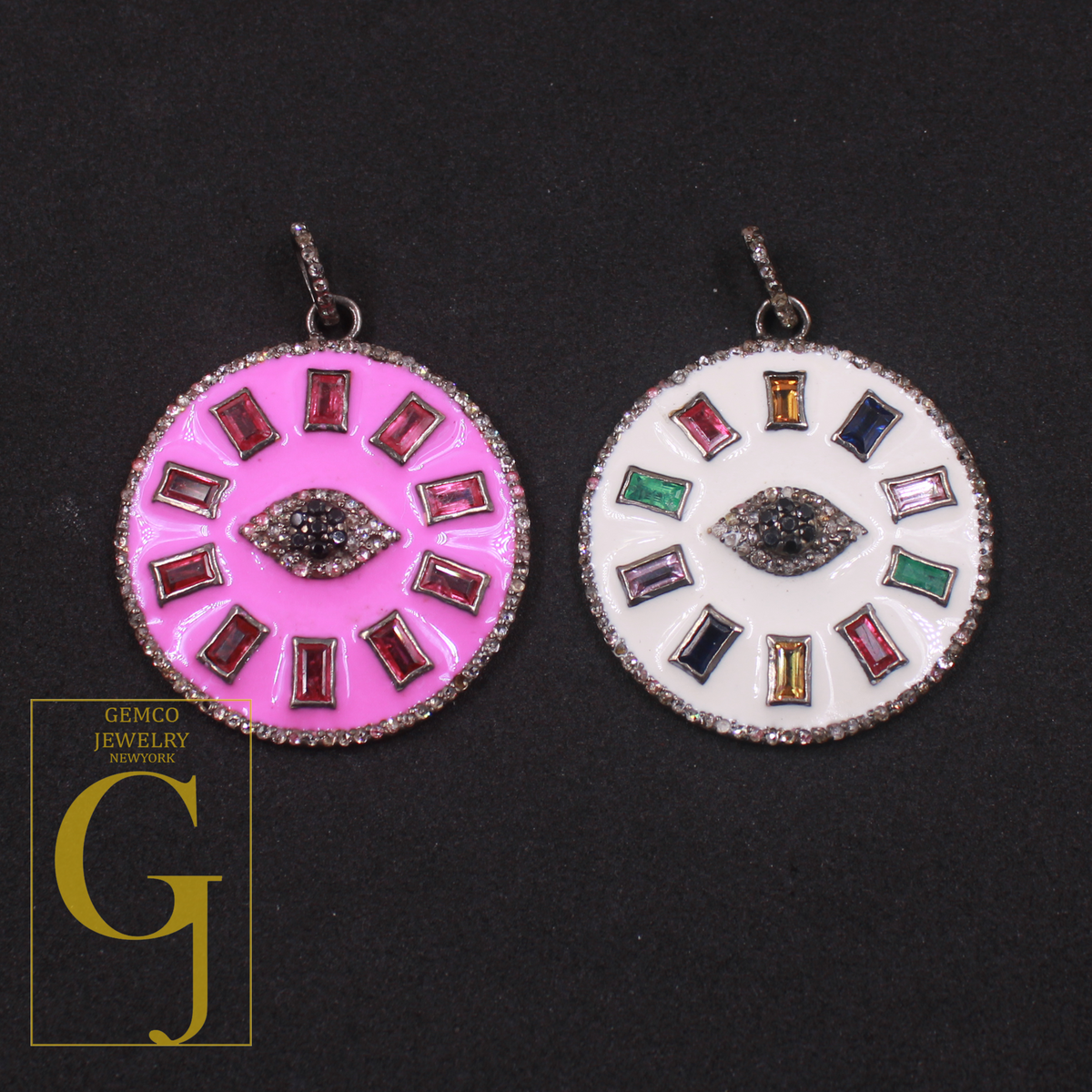 Beautiful Enamel Rosecut Pave Diamond Evil Eye Pendant With Multi Stone - 925 Sterling Silver Handmade Finish Enamel Diamond Jewelry For Her