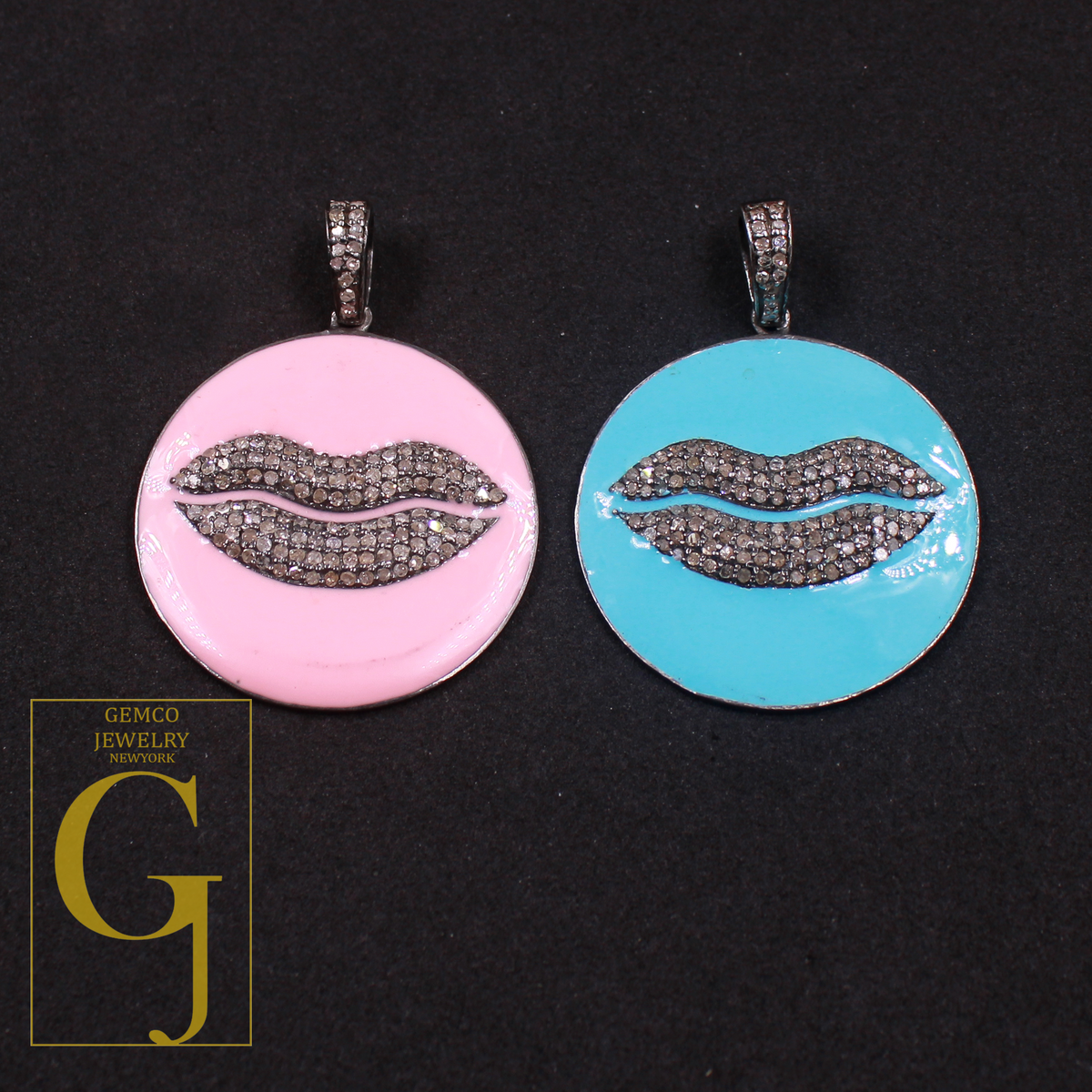 Enamel Lips Pendant With Rosecut Pave Diamonds - 925 Sterling Silver Handmade Pendant Jewelry For Her