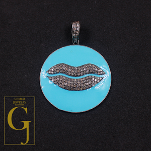 Enamel Lips Pendant With Rosecut Pave Diamonds - 925 Sterling Silver Handmade Pendant Jewelry For Her