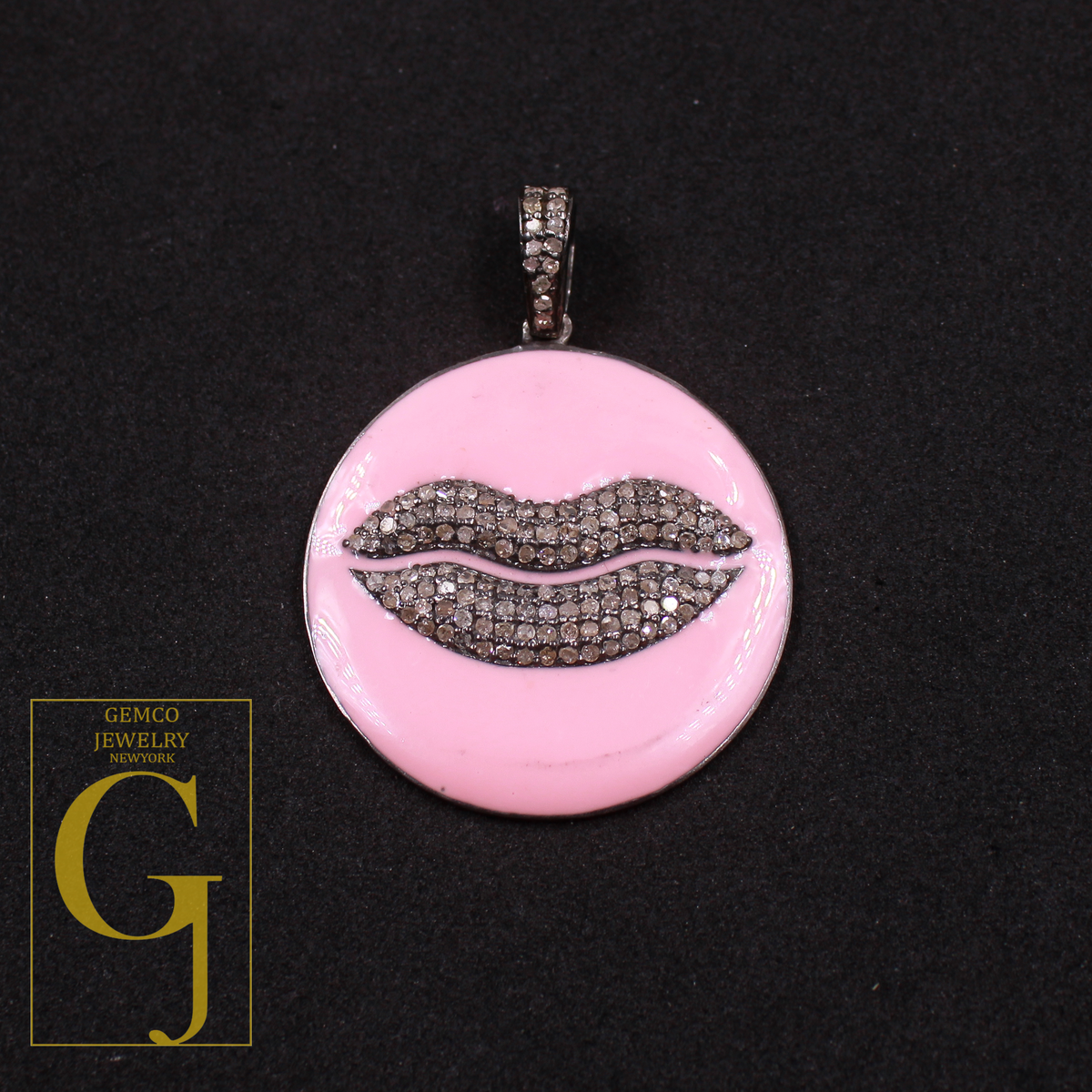Enamel Lips Pendant With Rosecut Pave Diamonds - 925 Sterling Silver Handmade Pendant Jewelry For Her