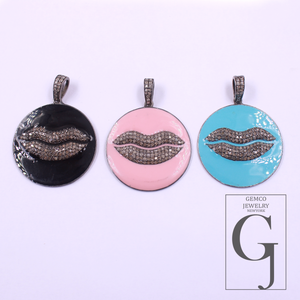 Enamel Lips Pendant With Rosecut Pave Diamonds - 925 Sterling Silver Handmade Pendant Jewelry For Her