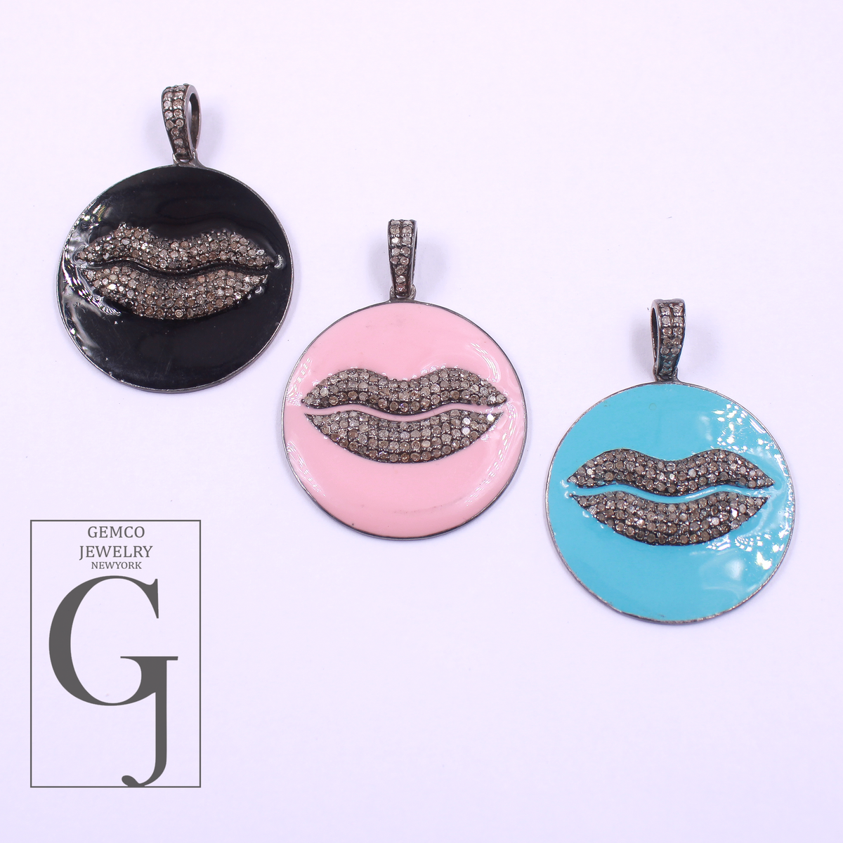 Enamel Lips Pendant With Rosecut Pave Diamonds - 925 Sterling Silver Handmade Pendant Jewelry For Her
