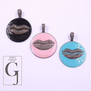 Enamel Lips Pendant With Rosecut Pave Diamonds - 925 Sterling Silver Handmade Pendant Jewelry For Her