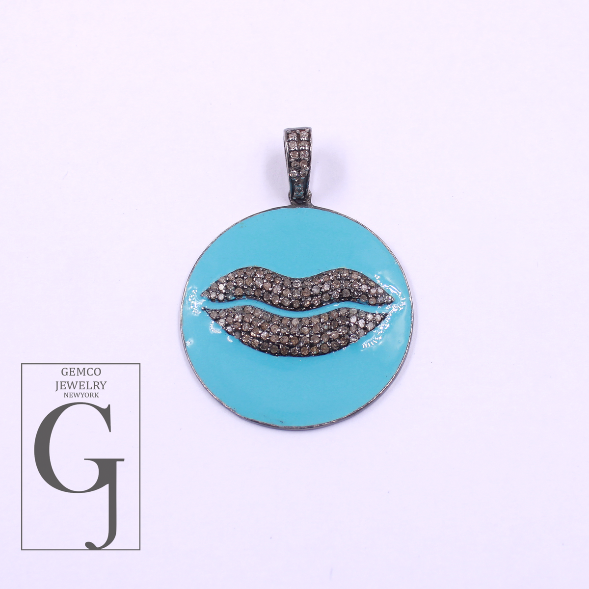 Enamel Lips Pendant With Rosecut Pave Diamonds - 925 Sterling Silver Handmade Pendant Jewelry For Her