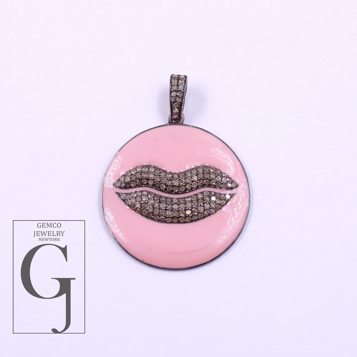 Enamel Lips Pendant With Rosecut Pave Diamonds - 925 Sterling Silver Handmade Pendant Jewelry For Her