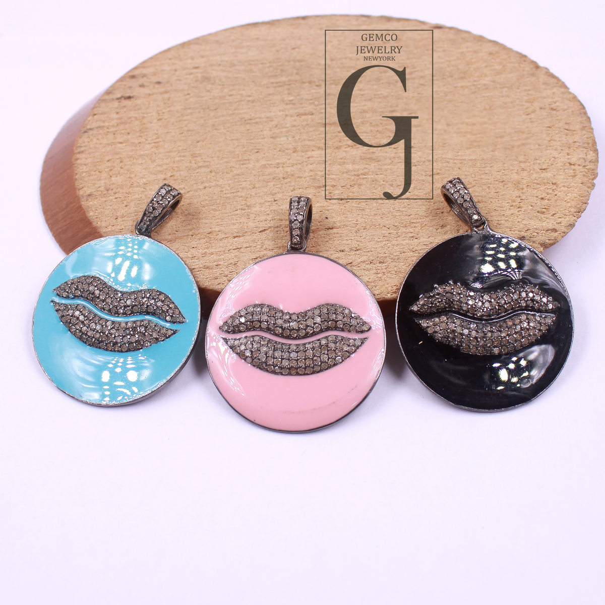 Enamel Lips Pendant With Rosecut Pave Diamonds - 925 Sterling Silver Handmade Pendant Jewelry For Her