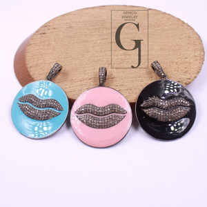 Enamel Lips Pendant With Rosecut Pave Diamonds - 925 Sterling Silver Handmade Pendant Jewelry For Her
