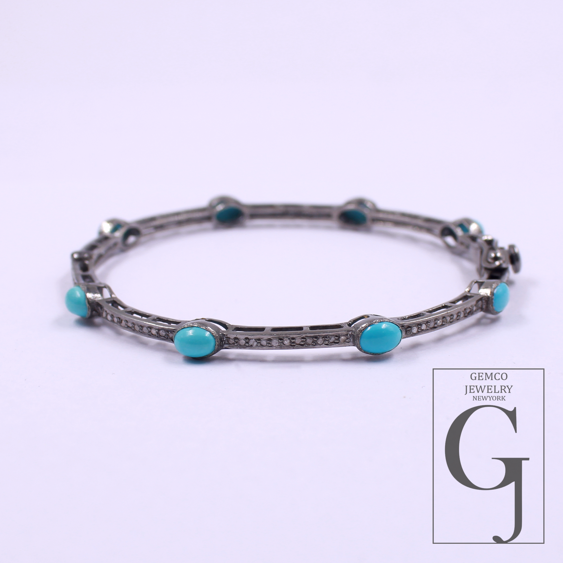 Natural Turquoise Bracelet With Rosecut Pave Diamond Handmade Oxidized Finish Sterling Silver Jewelry Bracelet