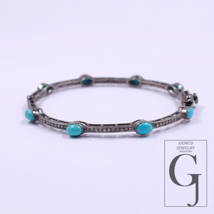 Natural Turquoise Bracelet With Rosecut Pave Diamond Handmade Oxidized Finish Sterling Silver Jewelry Bracelet