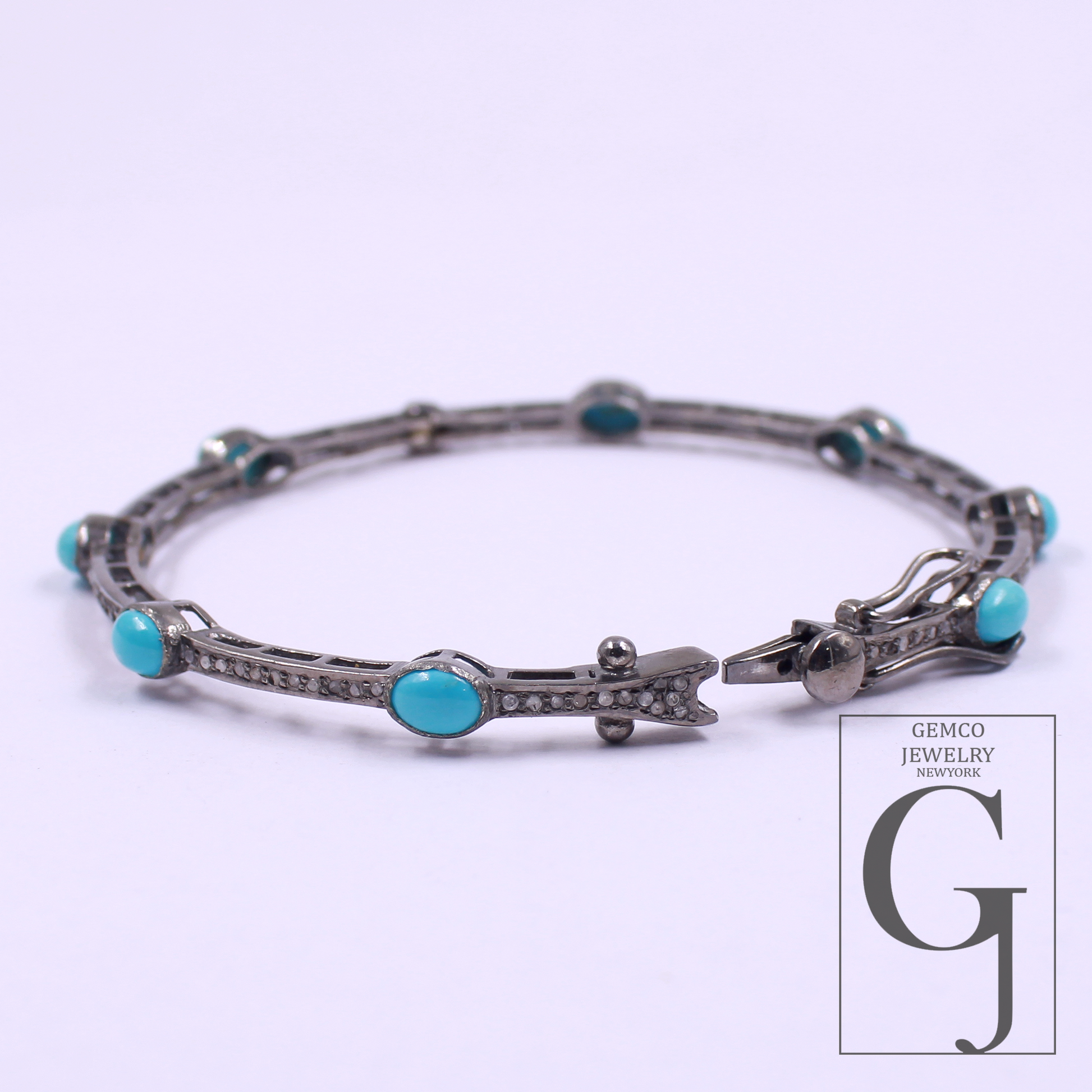 Natural Turquoise Bracelet With Rosecut Pave Diamond Handmade Oxidized Finish Sterling Silver Jewelry Bracelet