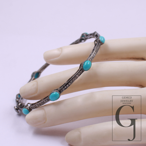 Natural Turquoise Bracelet With Rosecut Pave Diamond Handmade Oxidized Finish Sterling Silver Jewelry Bracelet