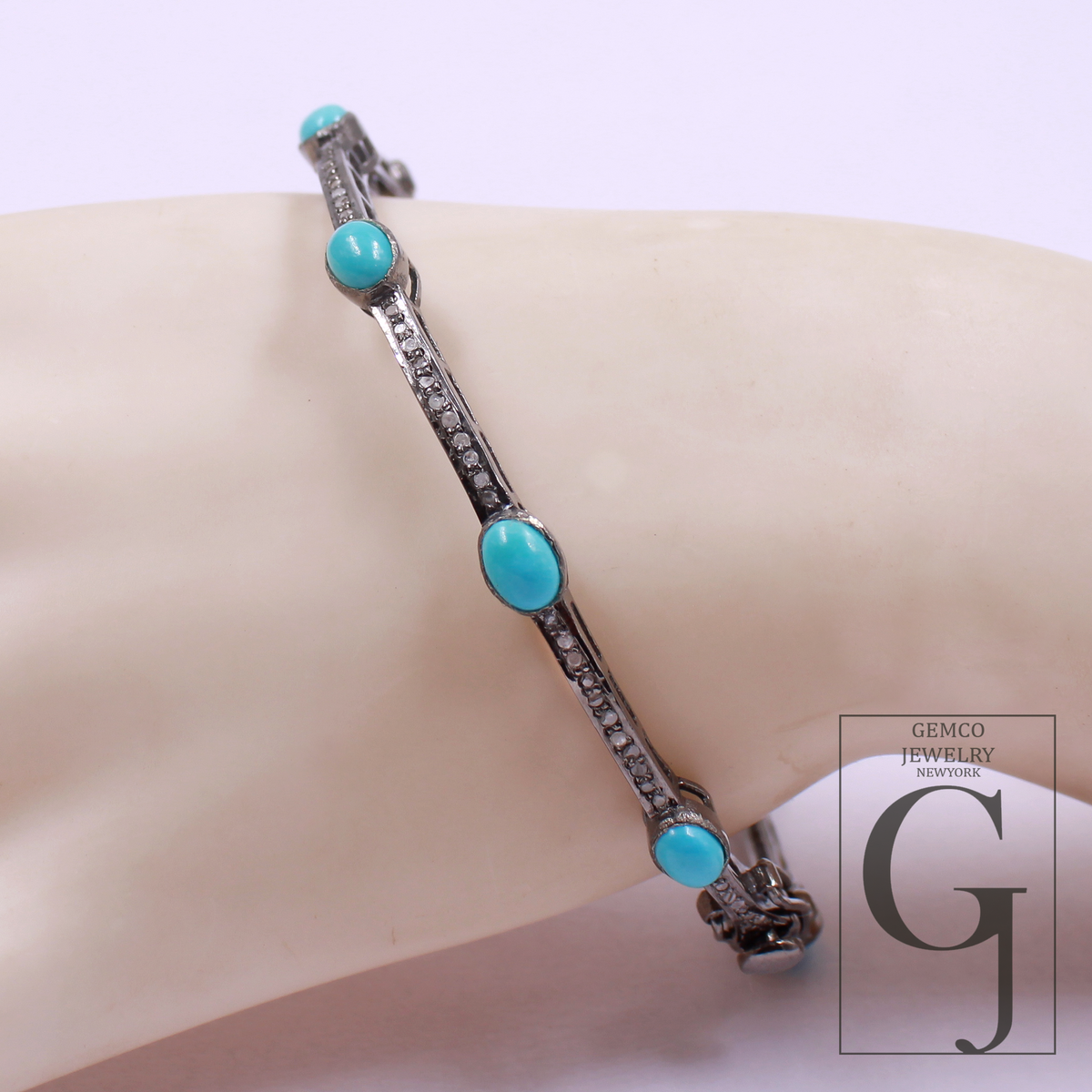 Natural Turquoise Bracelet With Rosecut Pave Diamond Handmade Oxidized Finish Sterling Silver Jewelry Bracelet