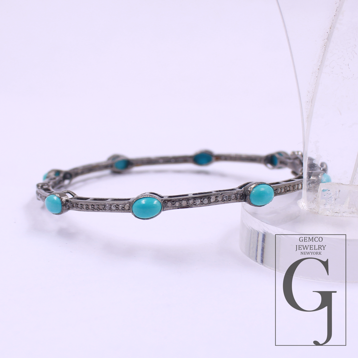 Natural Turquoise Bracelet With Rosecut Pave Diamond Handmade Oxidized Finish Sterling Silver Jewelry Bracelet