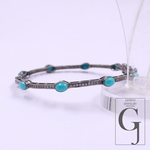 Natural Turquoise Bracelet With Rosecut Pave Diamond Handmade Oxidized Finish Sterling Silver Jewelry Bracelet
