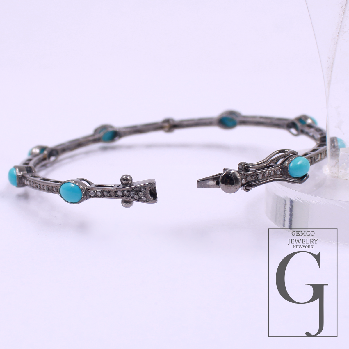 Natural Turquoise Bracelet With Rosecut Pave Diamond Handmade Oxidized Finish Sterling Silver Jewelry Bracelet