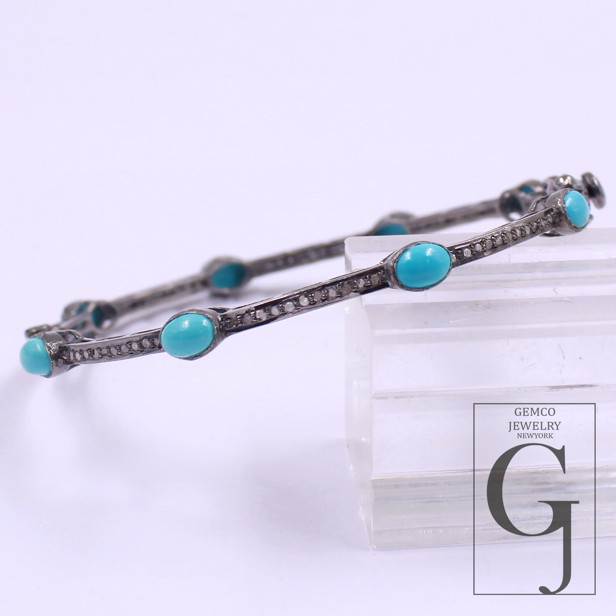 Natural Turquoise Bracelet With Rosecut Pave Diamond Handmade Oxidized Finish Sterling Silver Jewelry Bracelet