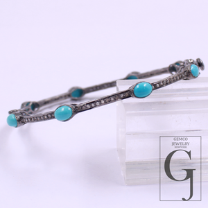 Natural Turquoise Bracelet With Rosecut Pave Diamond Handmade Oxidized Finish Sterling Silver Jewelry Bracelet