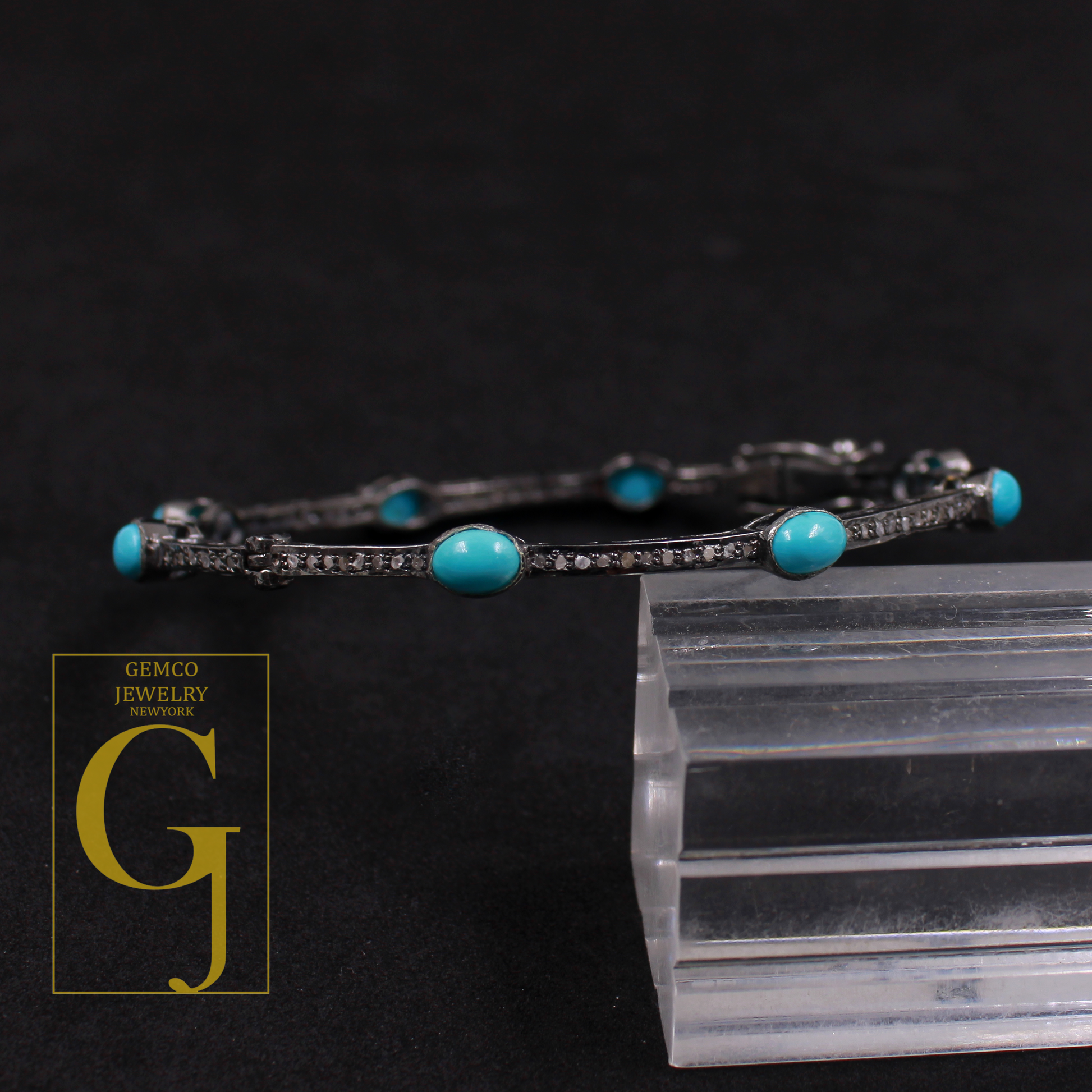 Natural Turquoise Bracelet With Rosecut Pave Diamond Handmade Oxidized Finish Sterling Silver Jewelry Bracelet