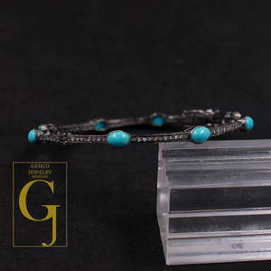 Natural Turquoise Bracelet With Rosecut Pave Diamond Handmade Oxidized Finish Sterling Silver Jewelry Bracelet