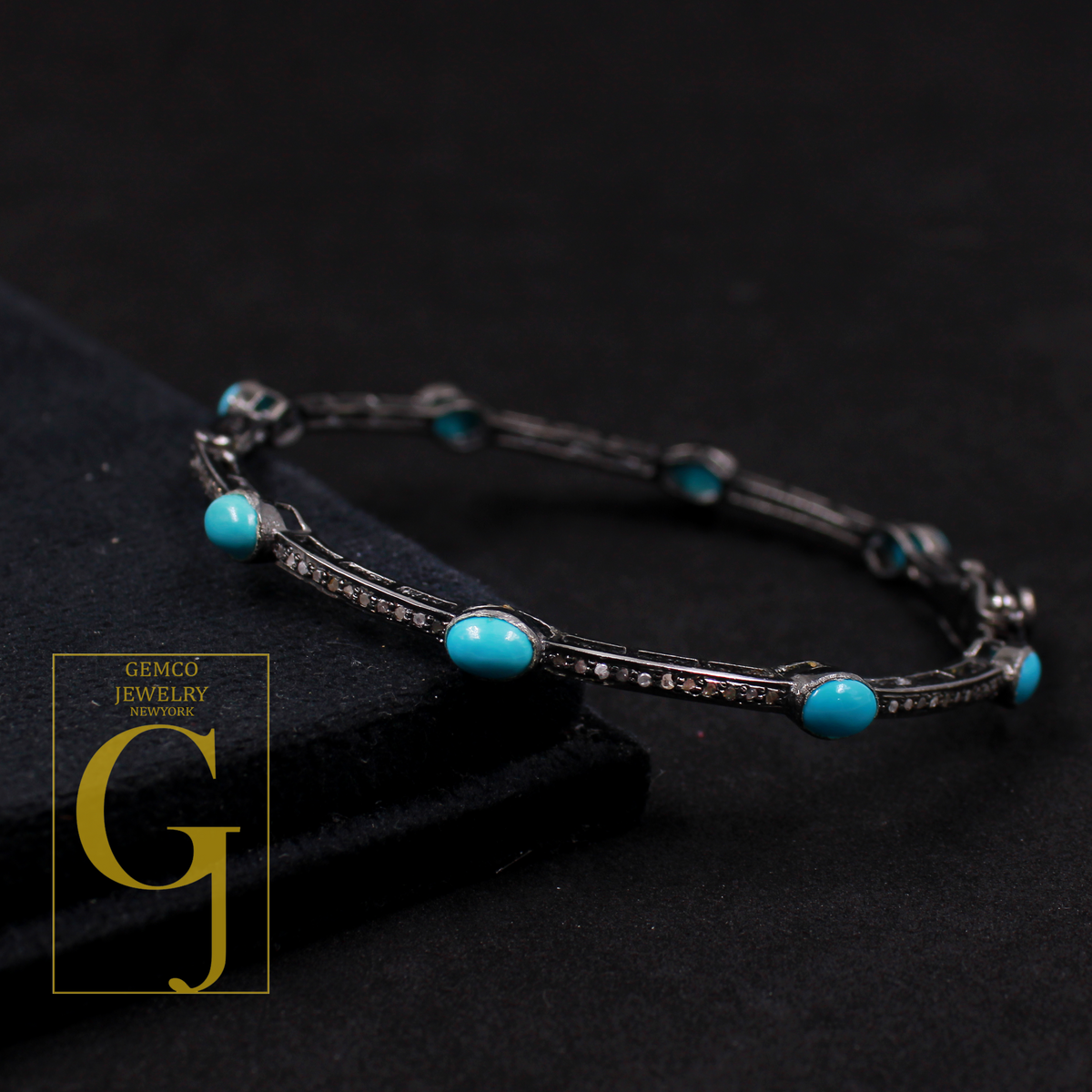 Natural Turquoise Bracelet With Rosecut Pave Diamond Handmade Oxidized Finish Sterling Silver Jewelry Bracelet