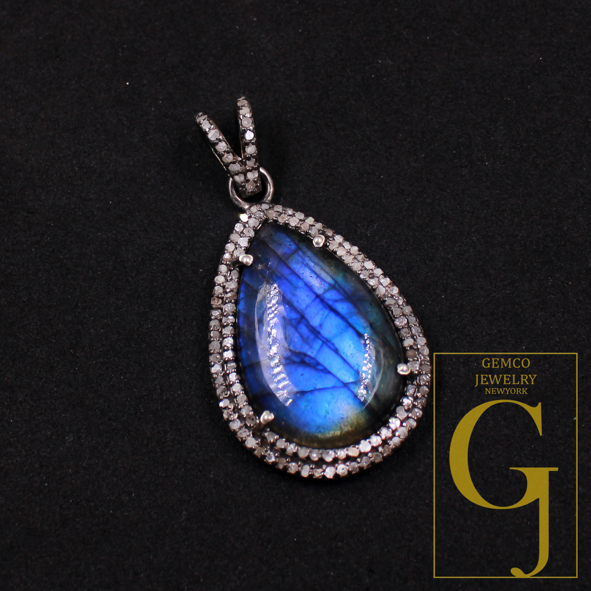 Designer Natural Labradorite Pendant With Rosecut Pave Diamond Sterling Silver Handmade Finish Diamond Jewelry Gift For Her