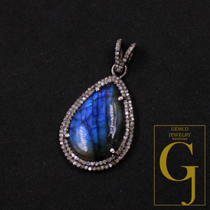 Designer Natural Labradorite Pendant With Rosecut Pave Diamond Sterling Silver Handmade Finish Diamond Jewelry Gift For Her