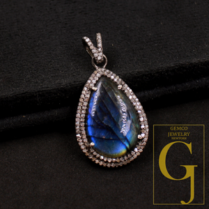Designer Natural Labradorite Pendant With Rosecut Pave Diamond Sterling Silver Handmade Finish Diamond Jewelry Gift For Her