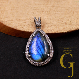Designer Natural Labradorite Pendant With Rosecut Pave Diamond Sterling Silver Handmade Finish Diamond Jewelry Gift For Her