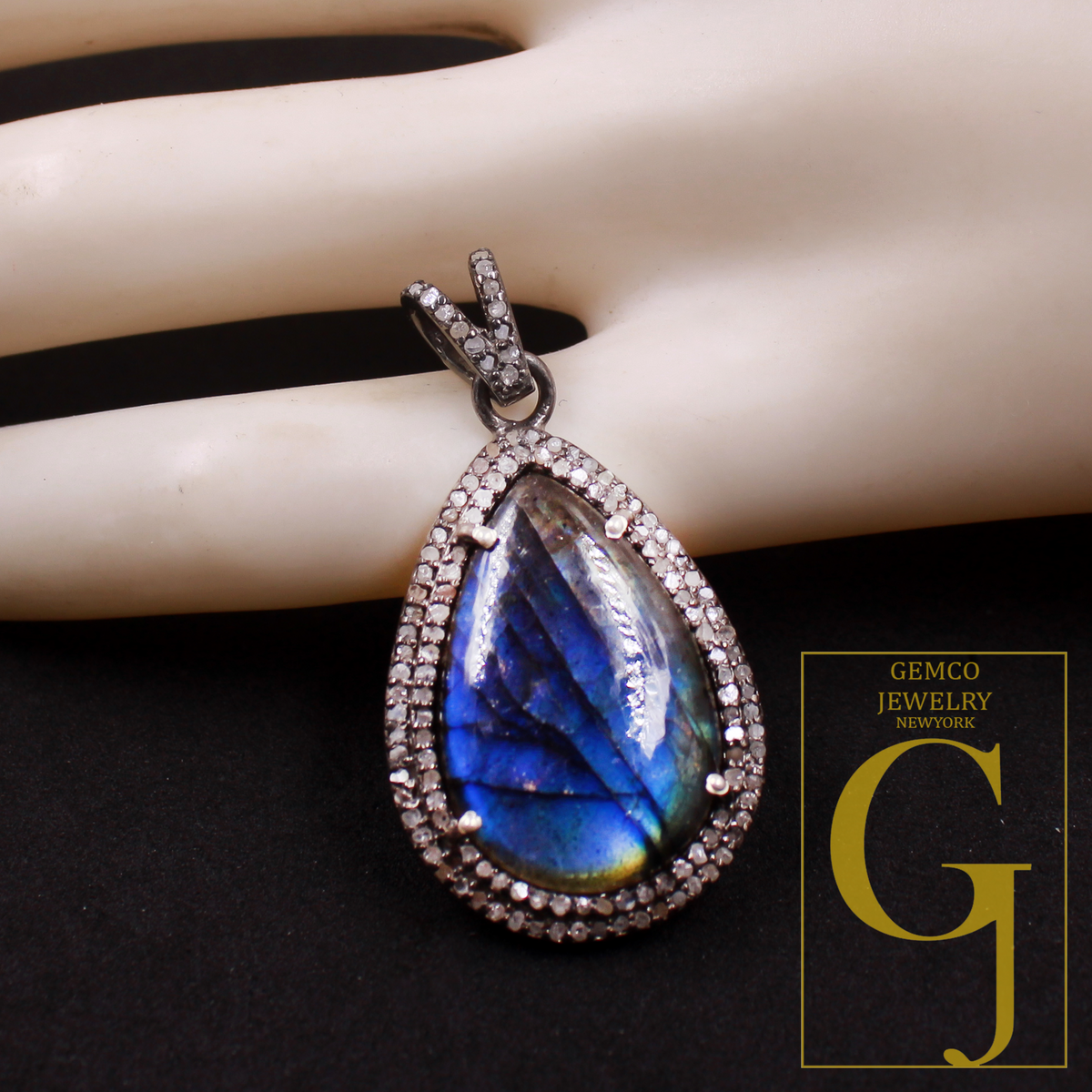 Designer Natural Labradorite Pendant With Rosecut Pave Diamond Sterling Silver Handmade Finish Diamond Jewelry Gift For Her