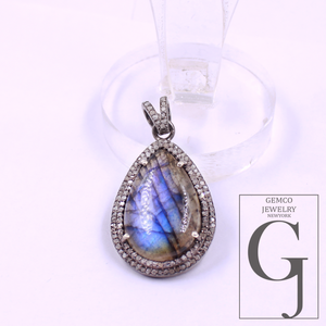 Designer Natural Labradorite Pendant With Rosecut Pave Diamond Sterling Silver Handmade Finish Diamond Jewelry Gift For Her