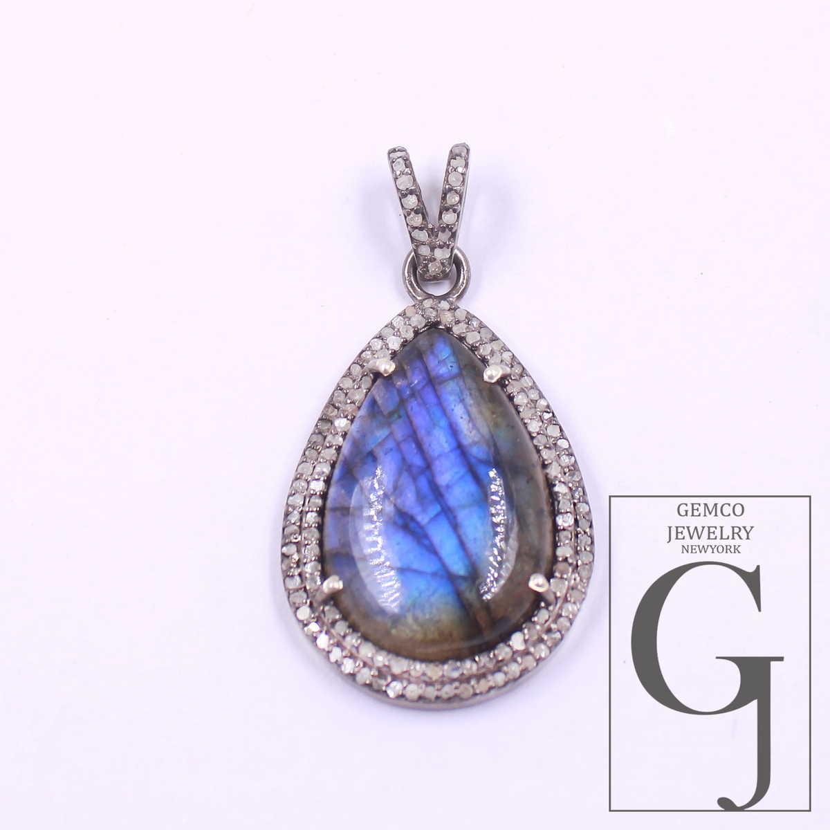 Designer Natural Labradorite Pendant With Rosecut Pave Diamond Sterling Silver Handmade Finish Diamond Jewelry Gift For Her