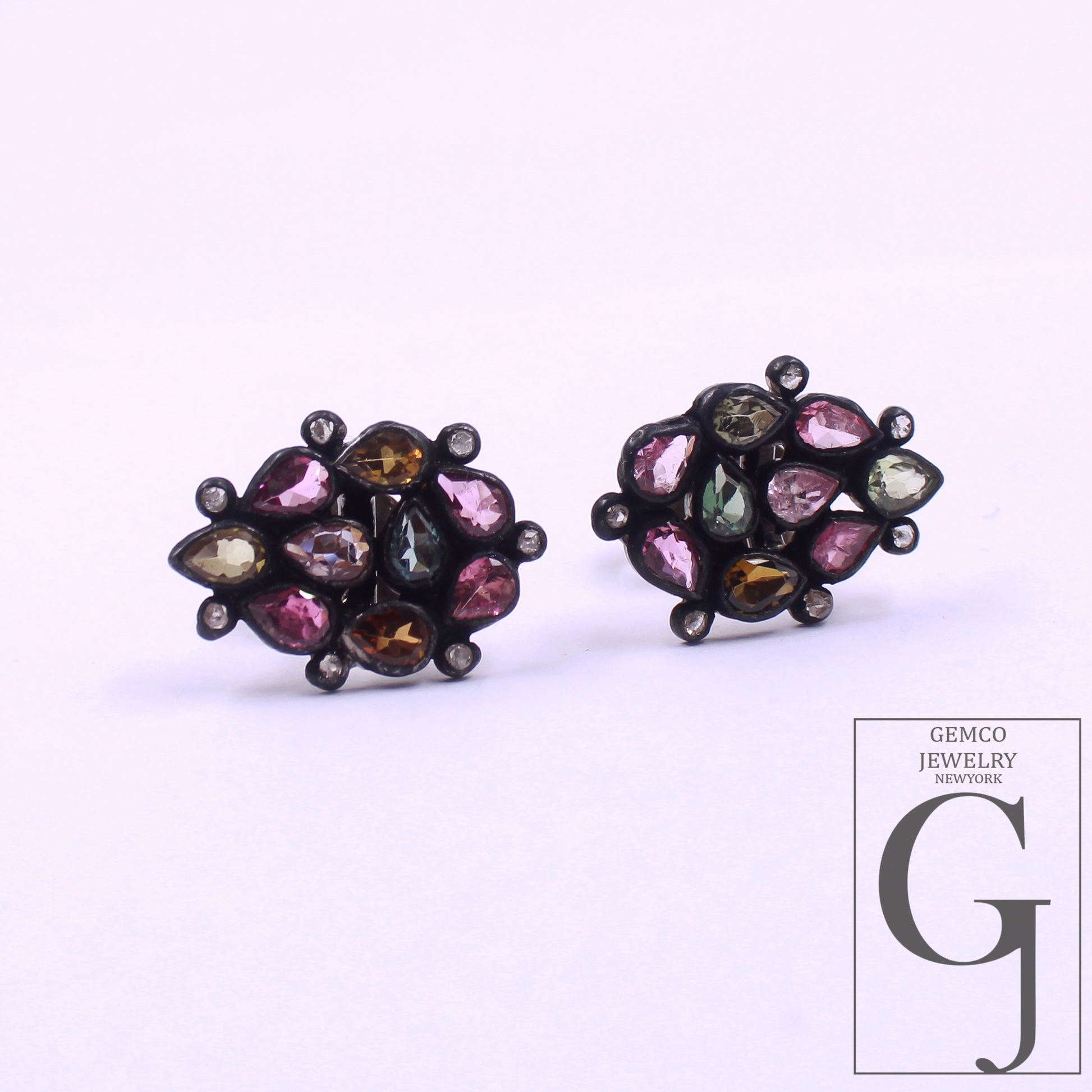 Natural Multi Tourmaline Earrings With Rosecut Pave Diamond 925 Sterling Silver Handmade Finish Earring For Everyday Wear