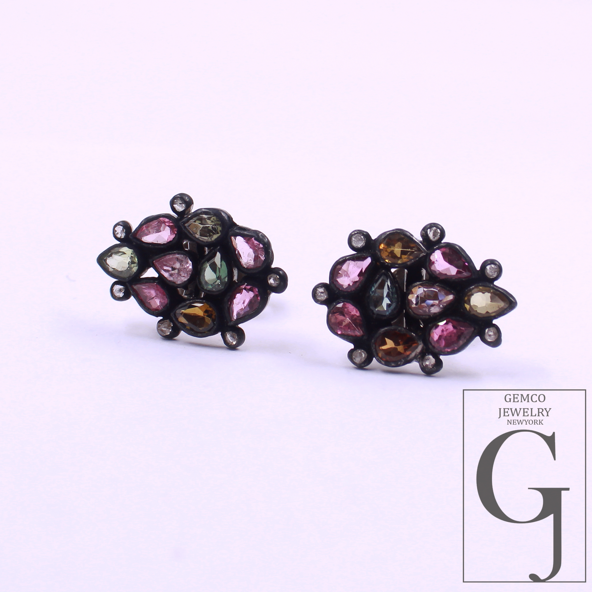 Natural Multi Tourmaline Earrings With Rosecut Pave Diamond 925 Sterling Silver Handmade Finish Earring For Everyday Wear
