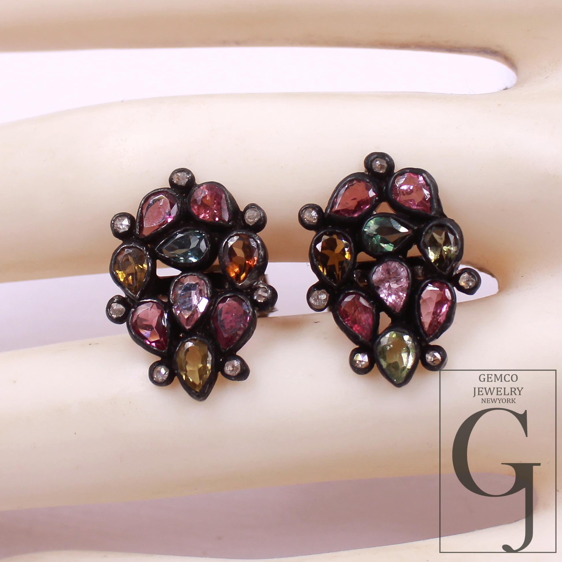 Natural Multi Tourmaline Earrings With Rosecut Pave Diamond 925 Sterling Silver Handmade Finish Earring For Everyday Wear