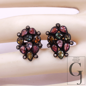 Natural Multi Tourmaline Earrings With Rosecut Pave Diamond 925 Sterling Silver Handmade Finish Earring For Everyday Wear
